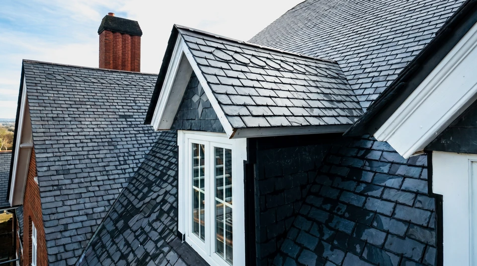 Extérieur, vue en contre-plongée d'une toiture pyramidale en ardoises avec charpente apparente et girouette décorative au sommet