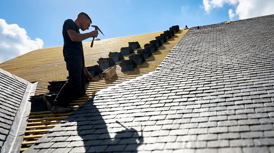 Ouvrier en combinaison de protection int&eacute;grale blanche travaillant sur toiture en ardoises, utilisant une &eacute;chelle aluminium pour acc&eacute;der aux tuiles d&eacute;faillantes