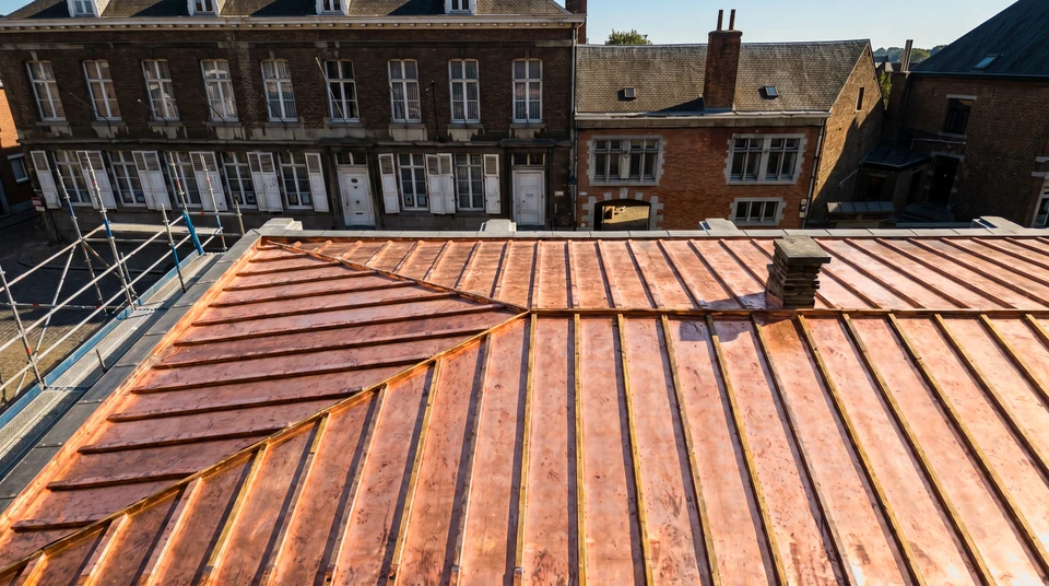 Toiture ancienne en tuiles d'argile rouge fortement endommag&eacute;e avec nombreuses tuiles manquantes et d&eacute;plac&eacute;es