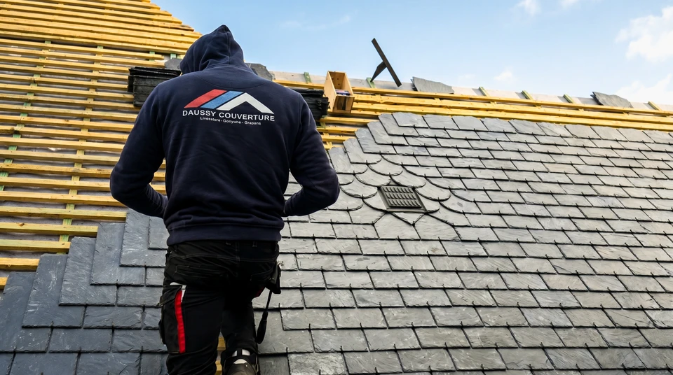 Ouvrier en combinaison de protection intégrale blanche travaillant sur toiture en ardoises, utilisant une échelle aluminium pour accéder aux tuiles défaillantes