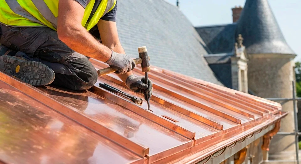 Gros plan d'un couvreur en gilet de sécurité et chaussures de sécurité, photographié de profil, travaillant activement sur une toiture en cuivre brillant ou zinc. L'artisan est en train de poser ou façonner le métal, montrant précisément son geste professionnel et son savoir-faire. La toiture visée capture les reflets caractéristiques du cuivre ou zinc, avec des outils professionnels visibles à proximité. L'arrière-plan montre une structure bâtie historique ou un toit patrimoine flou. La photo transmet l'expertise technique, la certitude et la maîtrise du métier de couvreur spécialisé en métaux nobles.